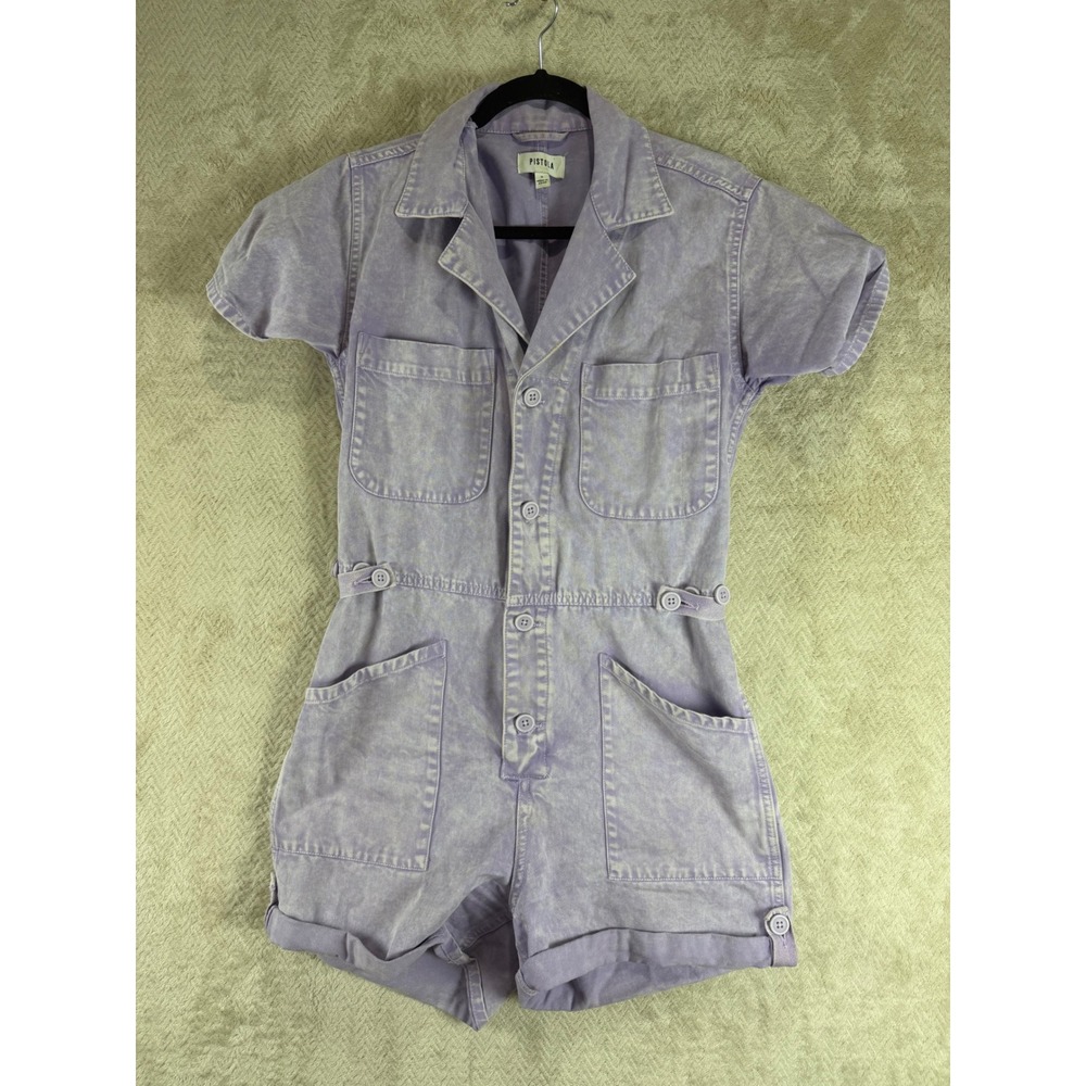 Pistola Purple Denim Romper Short Sleeve Utility Button Front P00071948CW S